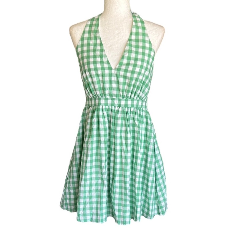 NWT Aura Alive and Free Green & White Gingham Halter Tie Neck Mini Dress - M